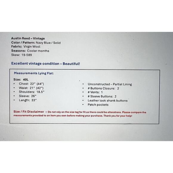 Vintage Austin Reed 40L Navy Blue Flannel Blazer Shank Buttons Unconstructed - Picture 8 of 16